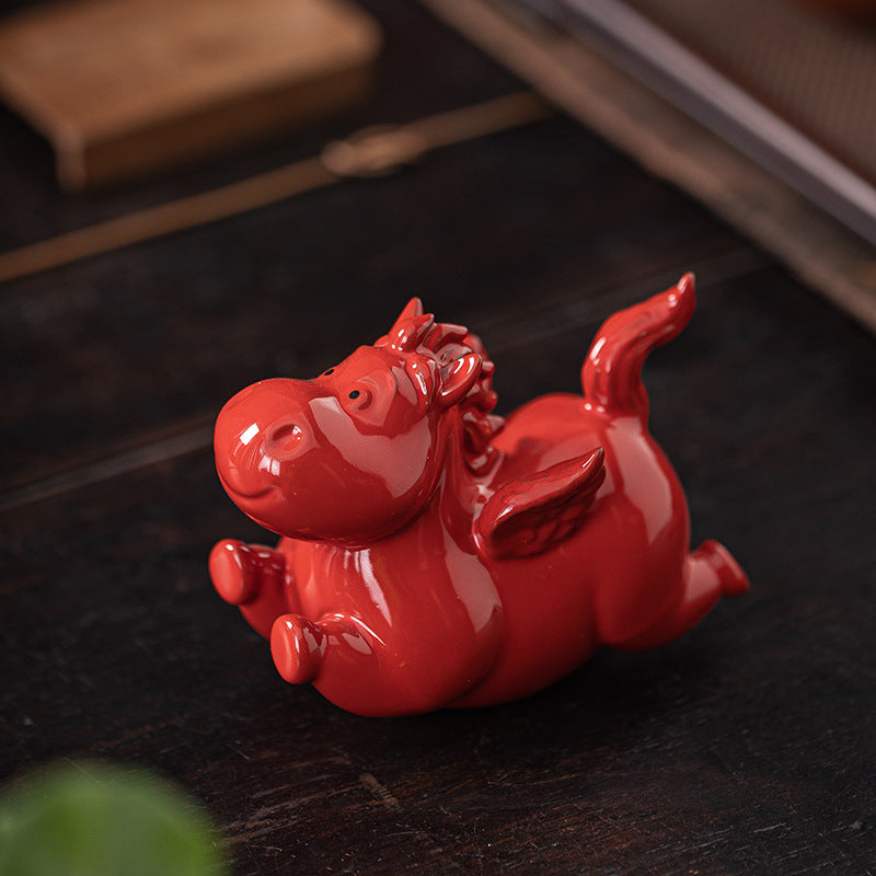 Feng Shui Red Heavenly Horse Ceramic Figurine
