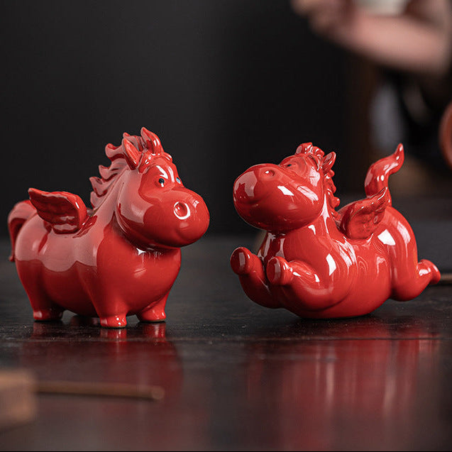 Feng Shui Red Heavenly Horse Ceramic Figurine