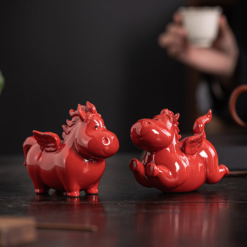 Feng Shui Red Heavenly Horse Ceramic Figurine